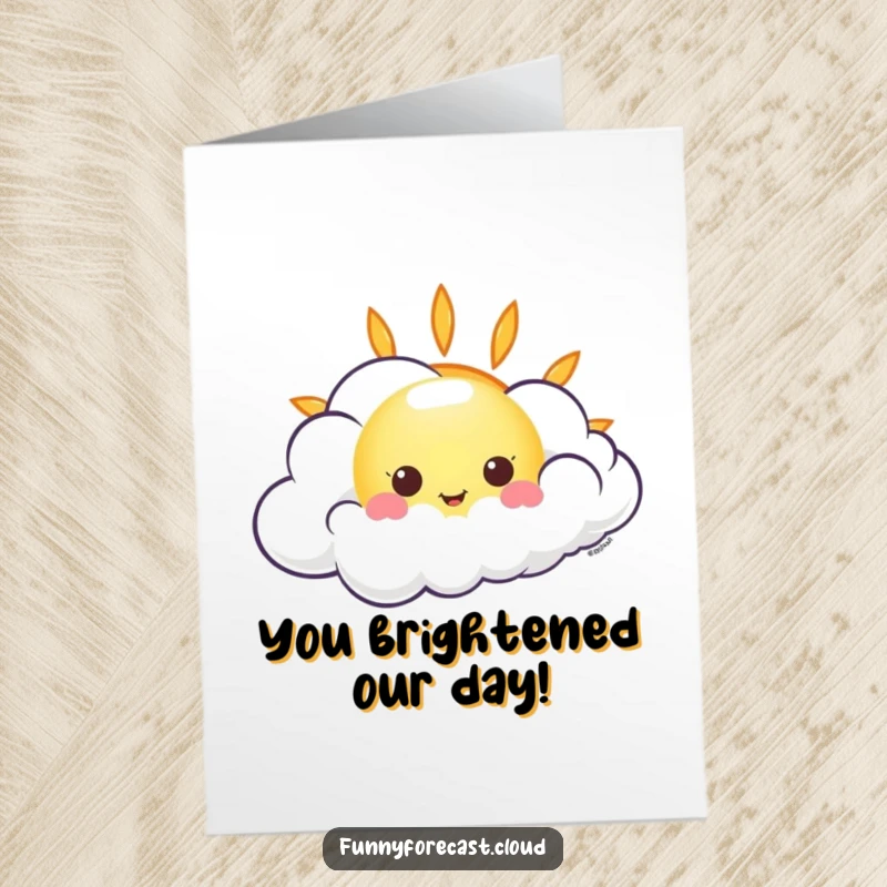 Funny Free Printable Congratulations Card: Cute kawaii sun peeking out from a playful, giggling wind cloud, signaling good fortune.