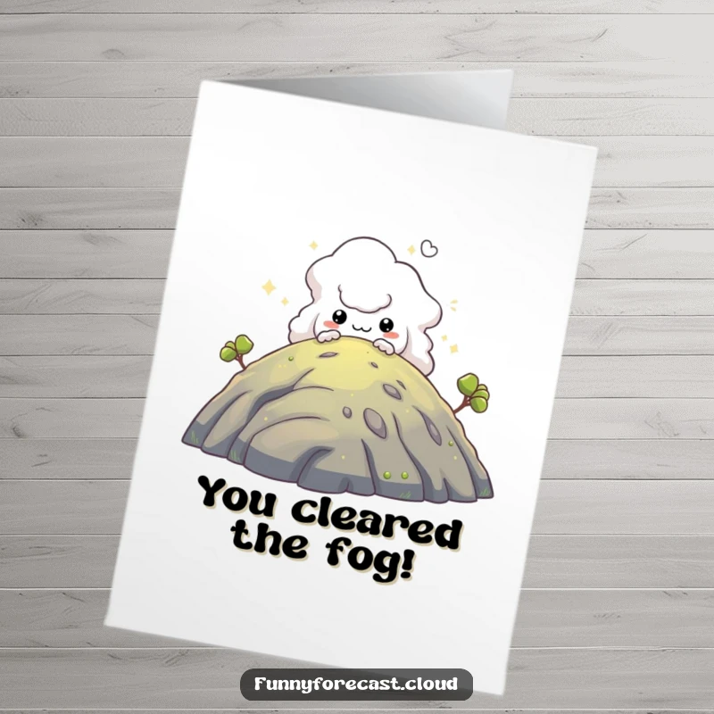 Funny Free Printable Congratulations Card: A mischievous fog creature peeks from behind a hill, celebrating success with enigmatic charm.