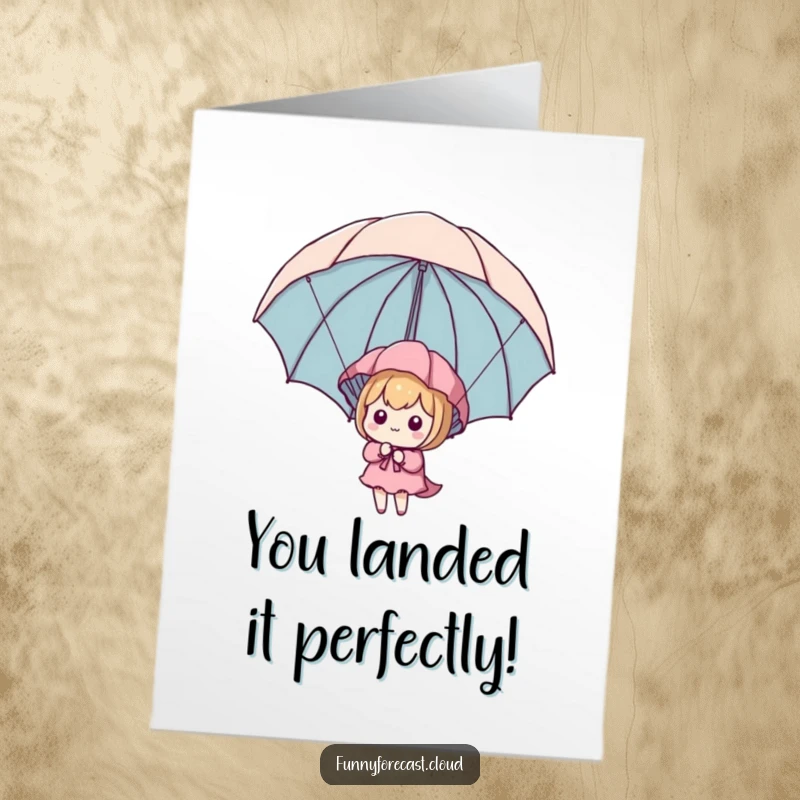 Funny Free Printable Congratulations Card: Cute kawaii character joyfully uses an umbrella as a parachute, celebrating a successful descent.
