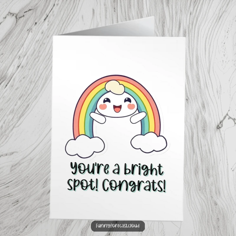Funny Free Printable Congratulations Card: A cheerful rainbow character smiling, arching across the sky to congratulate with vibrant happiness.
