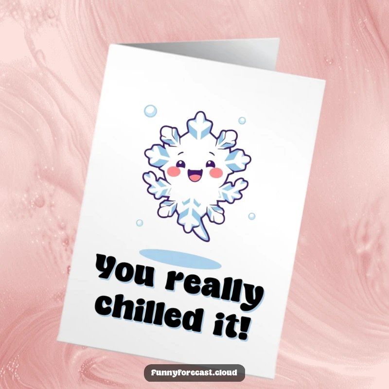 Funny Free Printable Congratulations Card: a kawaii snowflake character happily dancing and spinning in the air, celebrating success.