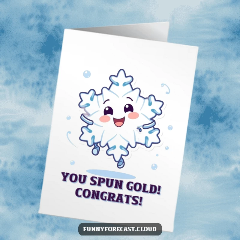 Funny Free Printable Congratulations Card: A delighted snowflake character spins with joy, celebrating an achievement. Perfect downloadable gift.