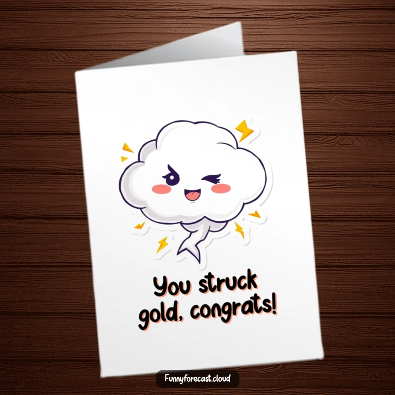 Funny free printable congratulations card featuring a mischievous thundercloud character winking as lightning bolts zip around, celebrating success.