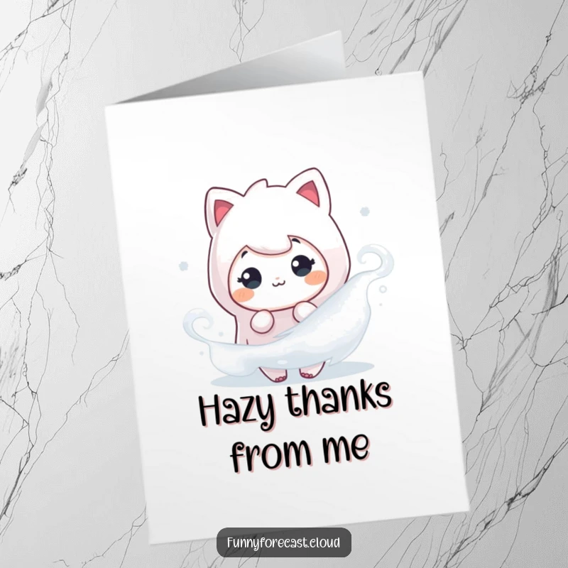 Funny Free Printable Thank You Card: A fog character playfully peeking from behind a misty swirl, sending gentle thanks.