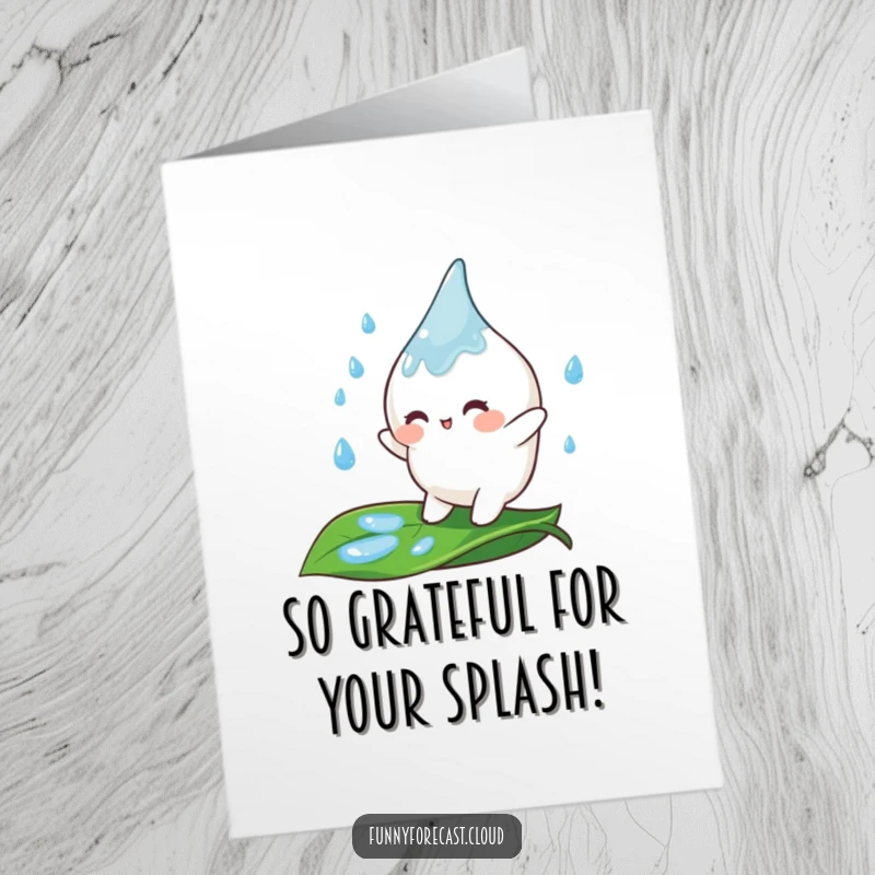 Funny Free Printable Thank You Card: A happy raindrop character bouncing gleefully on a lush leaf.