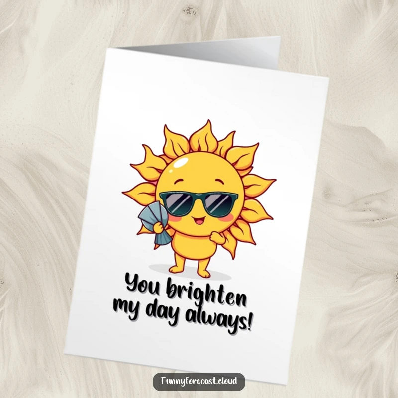 Funny Free Printable Thank You Card: A sun character wearing sunglasses and fanning itself, expressing thanks humorously.