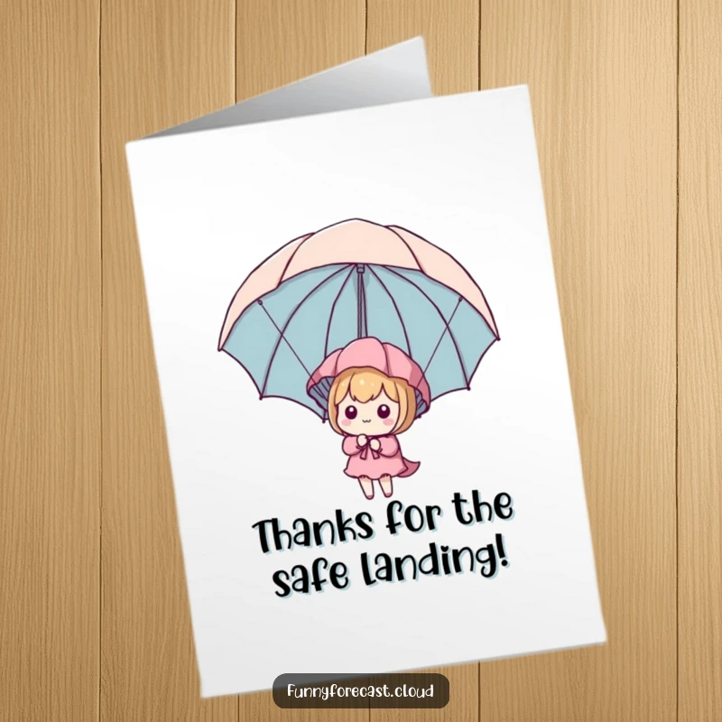 Funny Free Printable Thank You Card: Charming kawaii character gracefully floats down using an umbrella as a makeshift parachute.