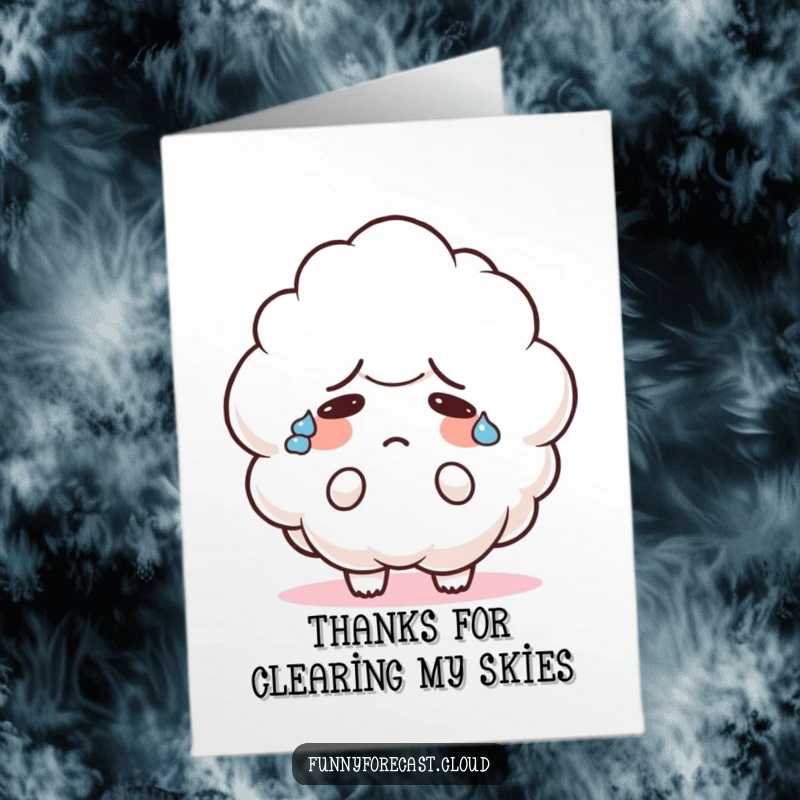 Funny Free Printable Thank You Card: A cute cloud character sweats profusely, looking confused while expressing thanks.