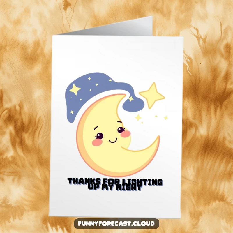 Funny Free Printable Thank You Card: A celestial crescent moon winks cheekily against a starry backdrop, perfect for expressing thanks.