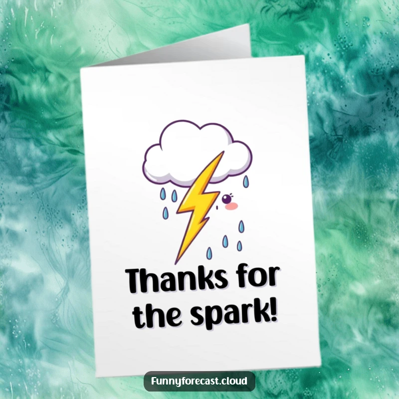 Funny Free Printable Thank You Card: a kawaii lightning bolt zapping a smiling rain cloud, expressing gratitude with electric charm.