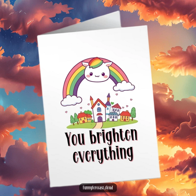 Funny Free Printable Thank You Card: a kawaii rainbow charcter arching cheerfully over a smiling town, conveying thanks with vibrant hues.