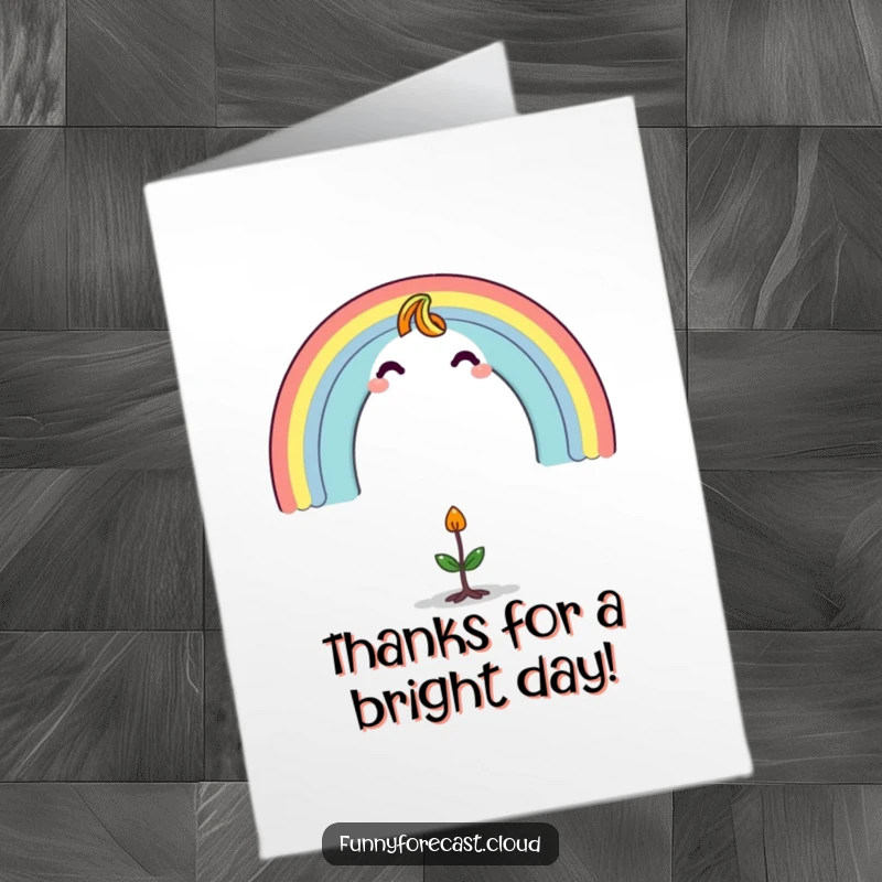 Funny Free Printable Thank You Card: A bright rainbow character forming an arch over a tiny sprout, offering a colorful and grateful blessing.
