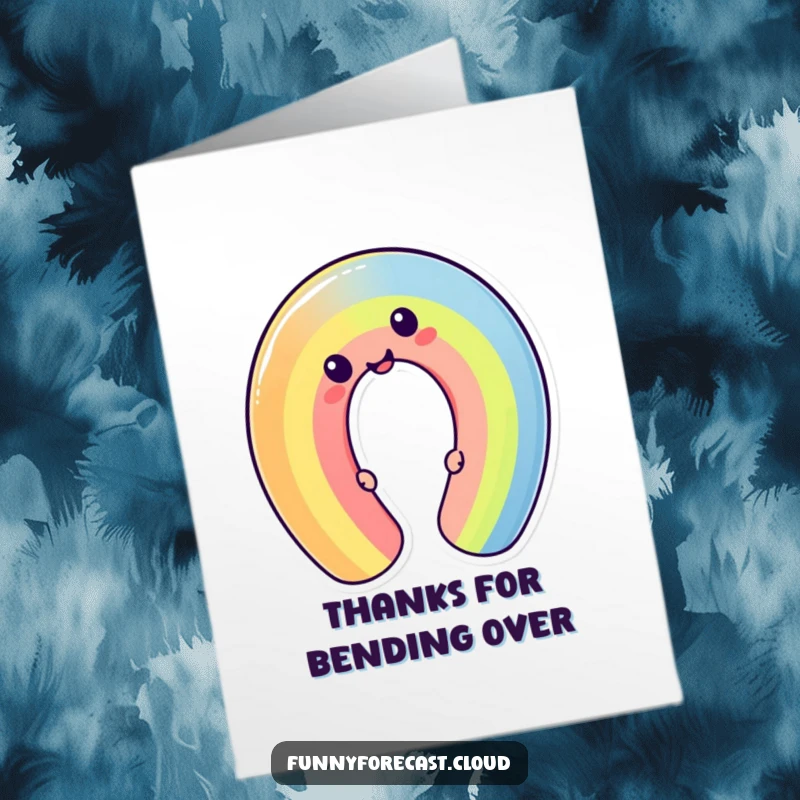 Funny Free Printable Thank You Card of a cheerful kawaii rainbow character bending into a playful, silly shape to express gratitude.