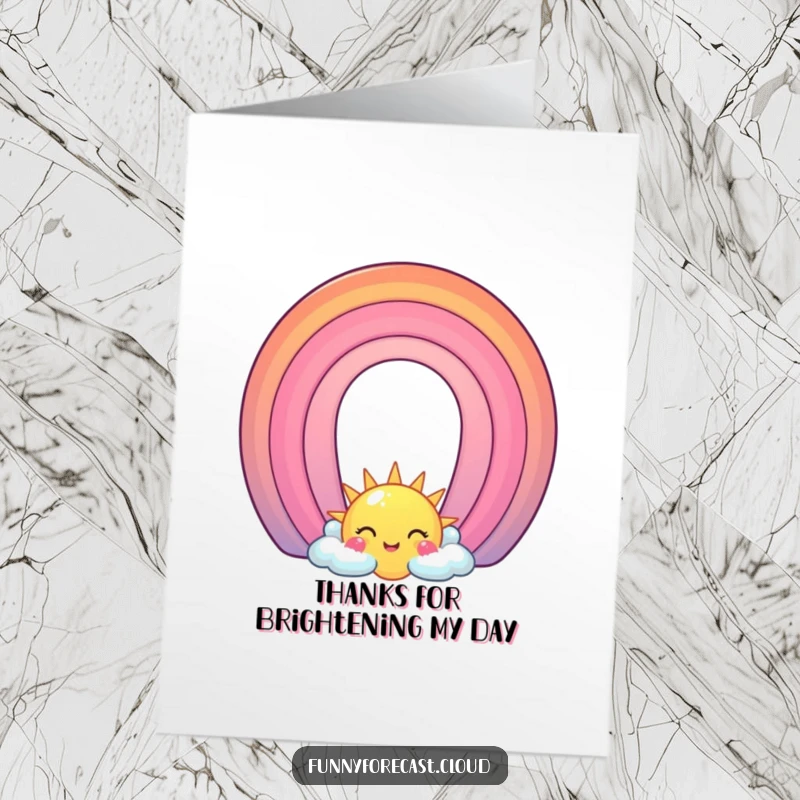 Funny Free Printable Thank You Card with a happy rainbow character embracing a smiling sun, conveying heartfelt thanks humorously.