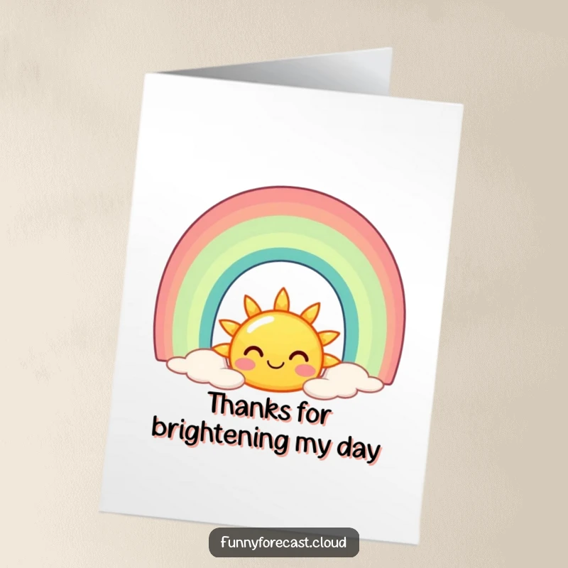Funny Free Printable Thank You Card showcasing a happy sun and a colorful rainbow, perfect for expressing gratitude.