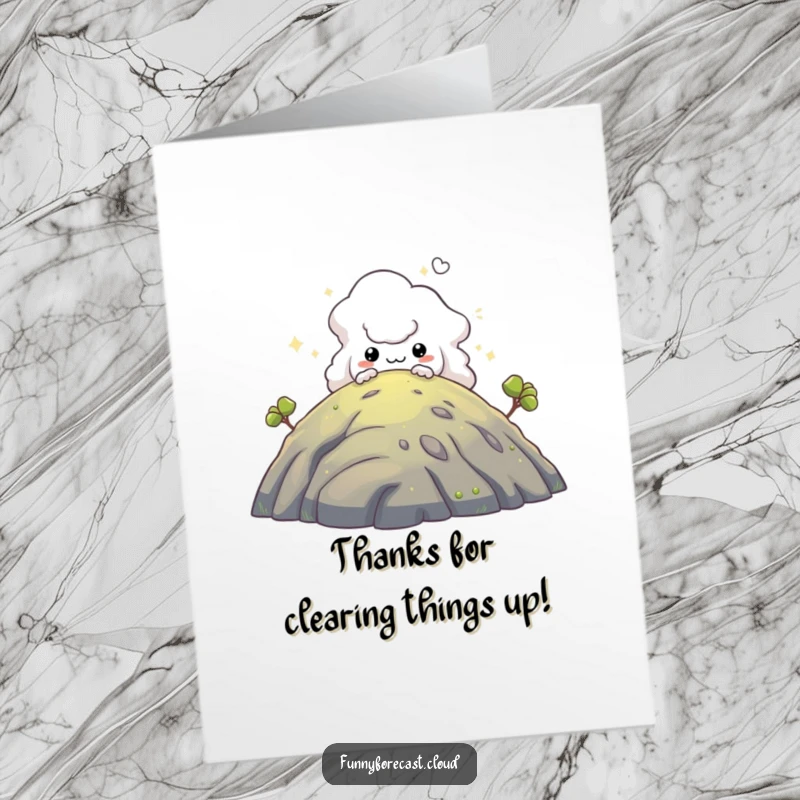 Funny Free Printable Thank You Card: A mischievous fog creature peeks from behind a hill, offering a uniquely mysterious and funny thank you.