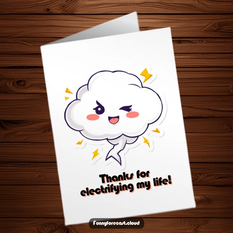 Funny free printable thank you card with a winking thundercloud and zipping lightning bolts, a unique way to express thanks.