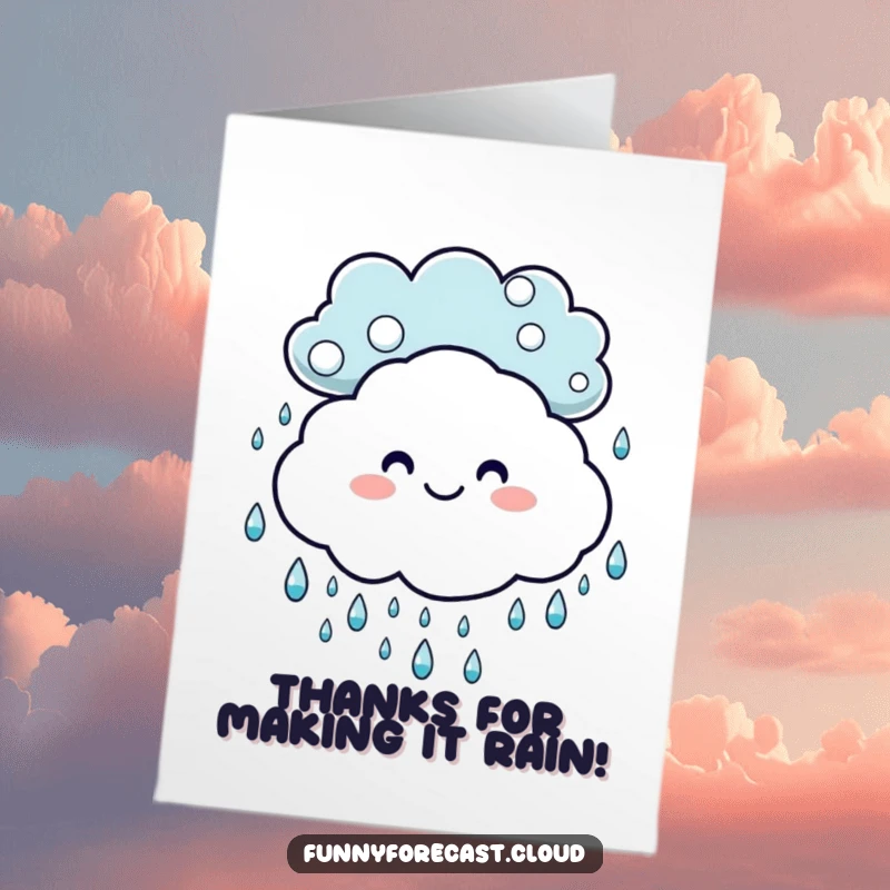 Funny Free Printable Thank You Card: A smiling cloud watches as happy raindrops dance, symbolizing a cheerful and refreshing thank you.