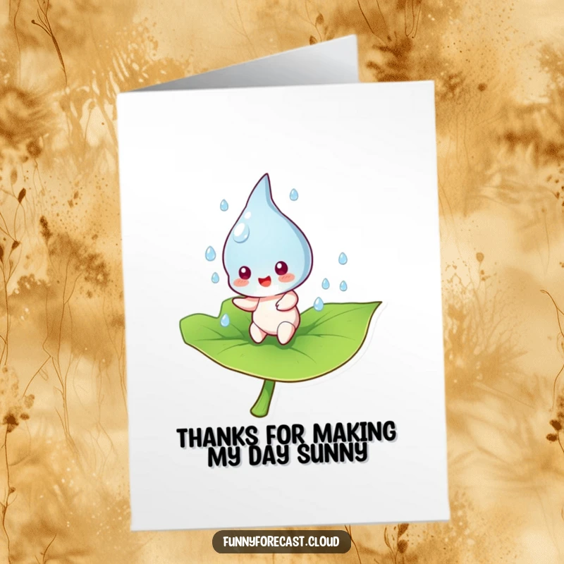 Funny Free Printable Thank You Card: A joyful raindrop character happily bouncing on a leaf, conveying warm gratitude.