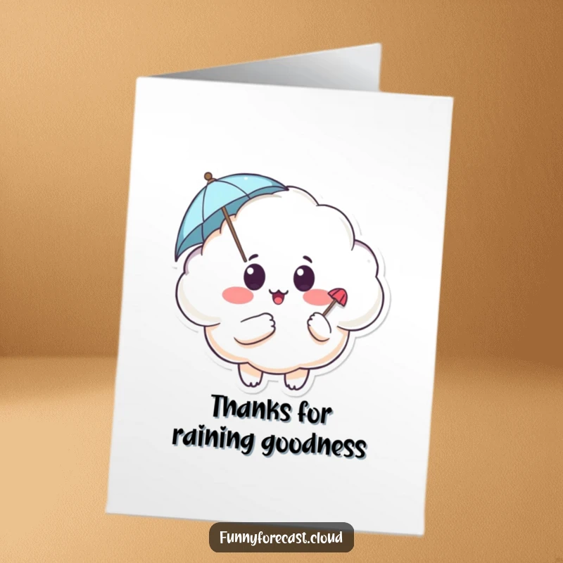 Funny Free Printable Thank You Card with a chubby cloud looking surprised while holding a tiny umbrella, a unique way to say thanks.