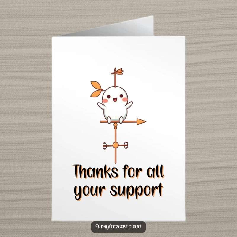 Funny Free Printable Thank You Card: A happy weather vane character cheerfully spinning in the wind, sending thanks.