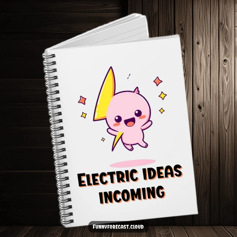 Funny kawaii lightning bolt character zigs and zags with writing excitement in this notebook, a useful funny gift.