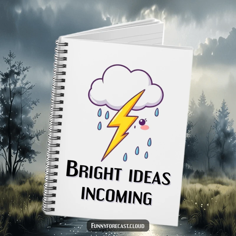 Funny kawaii lightning bolt zapping near a smiling cartoon rain cloud, on a notebook perfect for writing and drawing.