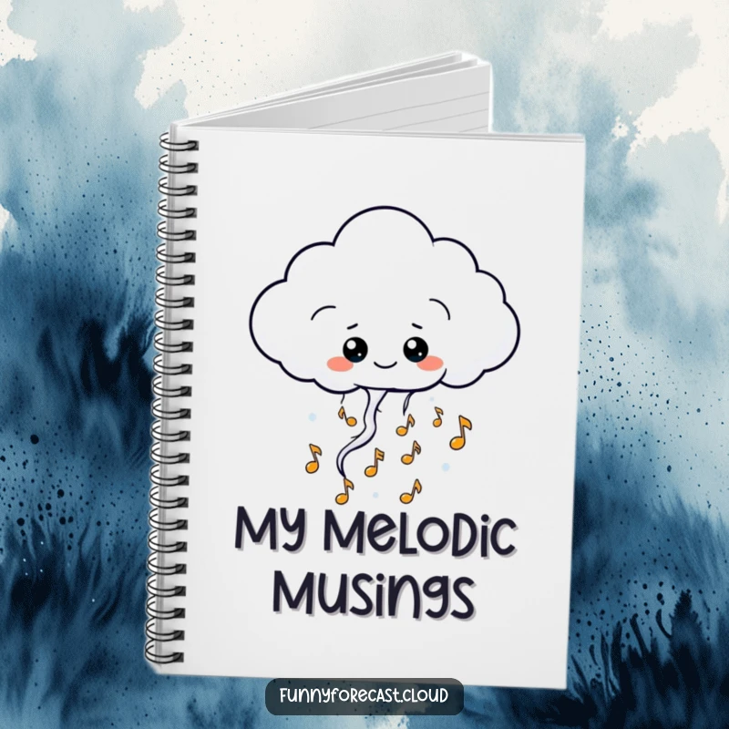 Funny kawaii thundercloud character notebook, releasing happy musical notes, musical and whimsical design for notes.
