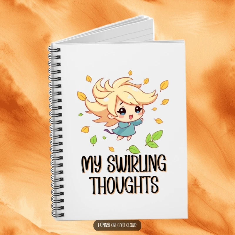 Funny kawaii wind character notebook, playfully swirling autumn leaves, cheerful and whimsical design for notes and journaling.