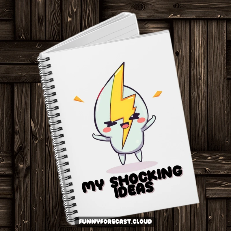 Funny notebook cover with a lightning bolt character striking with a mischievous wink, for electric ideas.