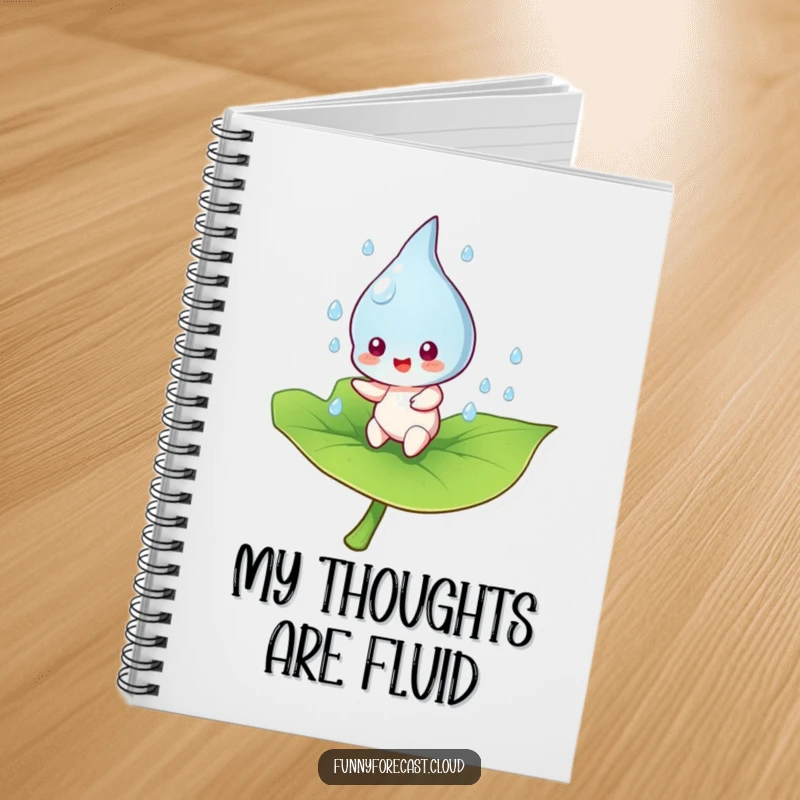 Funny raindrop character mid-bounce on a leaf, gracing the cover of a notebook, inspiring joyful note-taking.