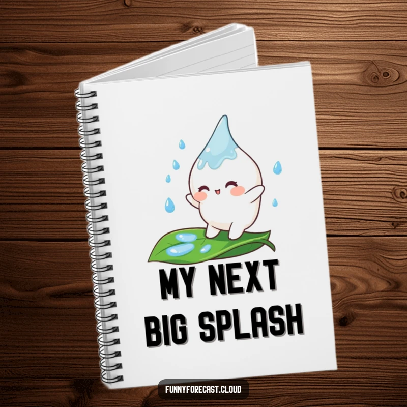 Funny Notebook with a cute raindrop character happily bouncing on a leaf, designed for capturing ideas with cheerful energy.