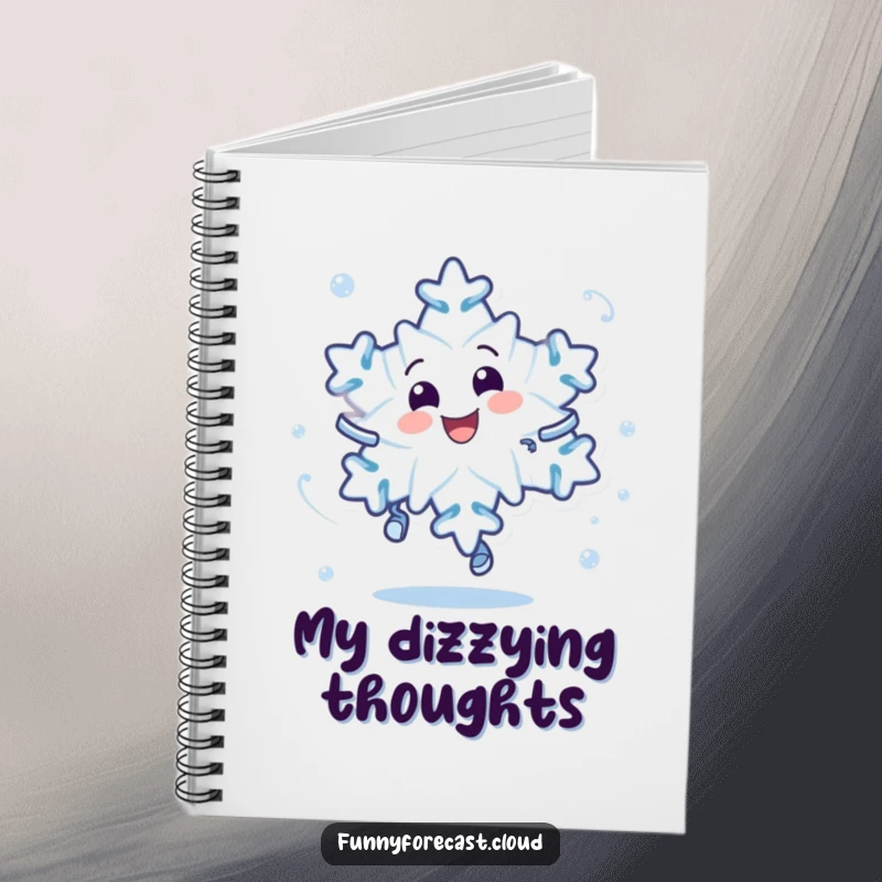 Funny notebook featuring a delighted snowflake character in a dizzy spin, perfect for capturing notes with a dose of wintery fun.