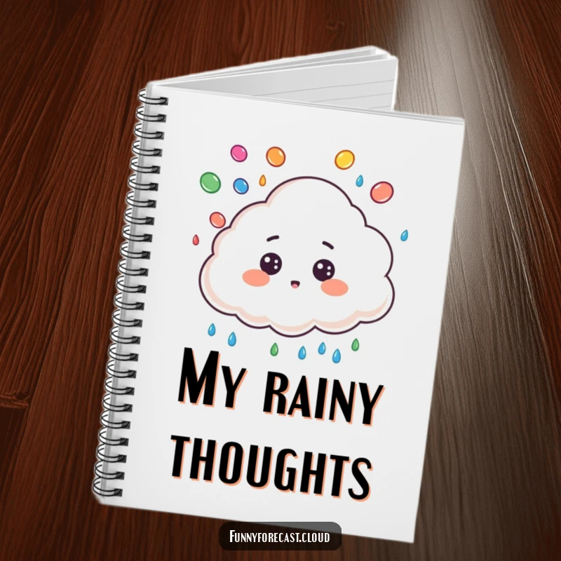 Funny notebook showcasing a cute cloud character, surprised expression, juggling colorful raindrops, ready for notes and doodles.