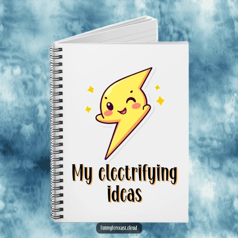 Funny notebook with a zipping lightning bolt character winking on the cover, perfect for jotting down ideas with energetic humor.