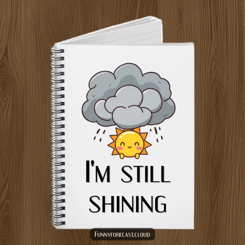 Funny Sun and Storm Cloud Notebook featuring a sun peeking from a storm cloud, ideal for jotting down hopeful thoughts.