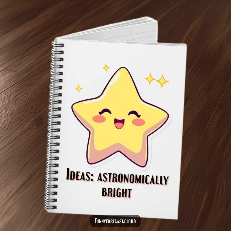 Funny star character twinkling with an excited sparkle, an inspiring and humorous notebook cover for creative minds.
