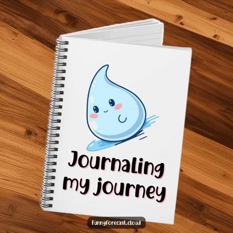 Funny kawaii raindrop character in a fast slide, perfect for a speedy and fun notebook.