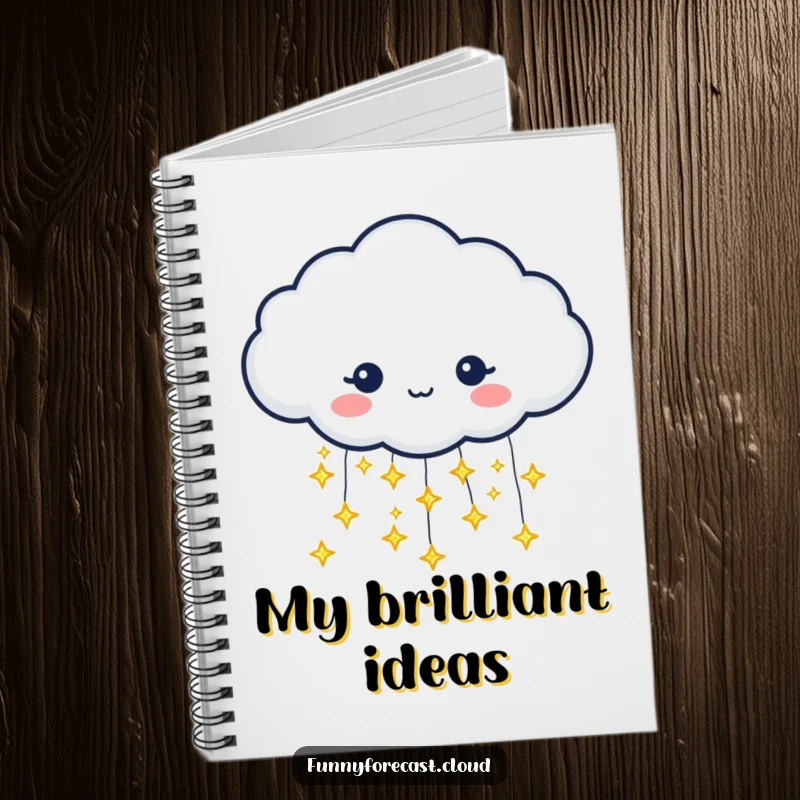 Funny notebook cover with a rain cloud character pouring tiny, glittering stars instead of raindrops. Ideal for notes.