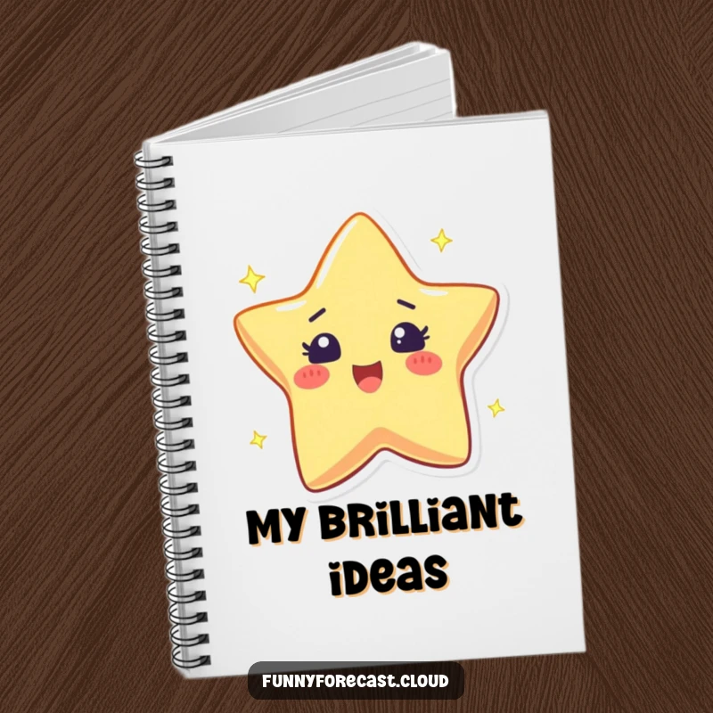 Funny notebook with a twinkling star character and excited sparkle, perfect for jotting down bright ideas.
