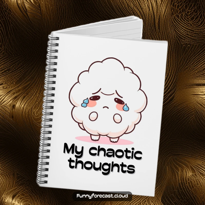 Funny notebook with a cute cloud character sweating heavily and looking confused, perfect for capturing notes and relatable thoughts.