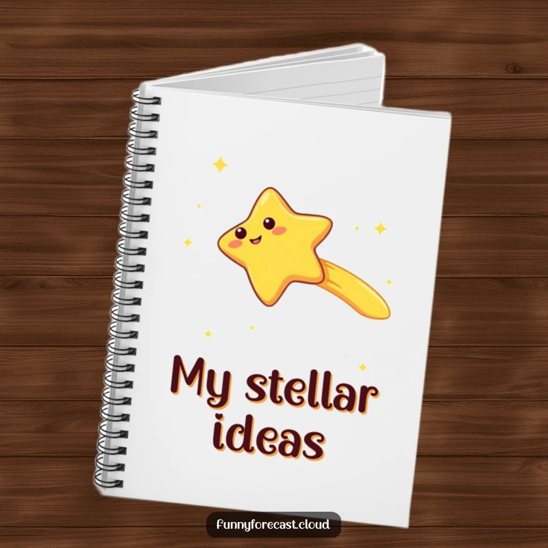 Funny kawaii shooting star character notebook, zooming with a trailing giggle, whimsical and humorous design for notes.