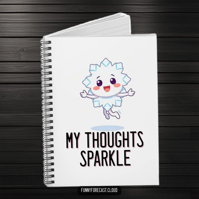 Funny notebook with a happy snowflake character doing a joyful twirl, leaving a trail of sparkles, perfect for notes.