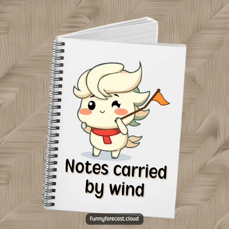 Funny notebook with a wind character with puffed cheeks merrily blowing a flag, perfect for notes, journaling, and funny gift ideas.