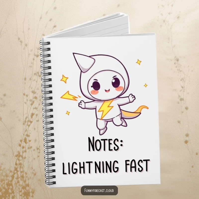 Funny lightning bolt character zipping with a playful streak, an inspiring and humorous notebook cover for fast thinkers.