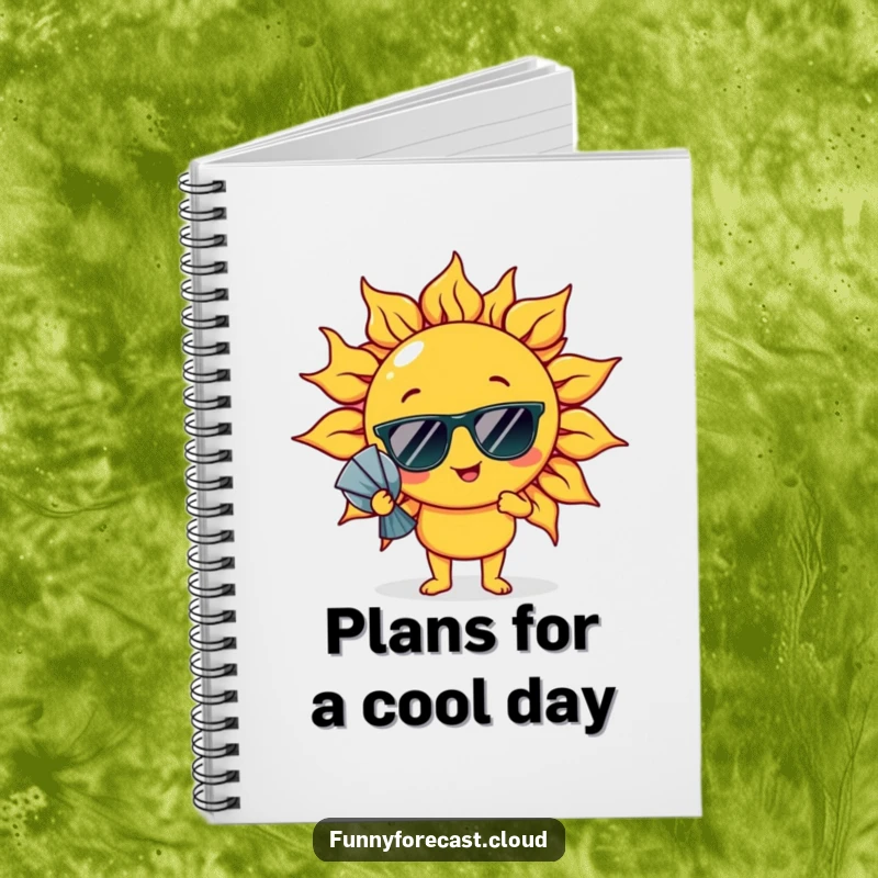 Funny Notebook: A sun character in sunglasses comically fanning itself, perfect for journaling.