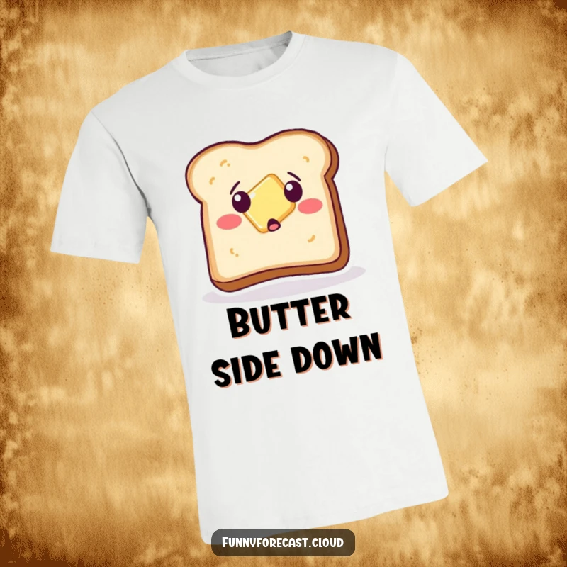 Funny T-Shirt: A piece of toast looking shocked as butter slides off, capturing a moment of breakfast disaster.