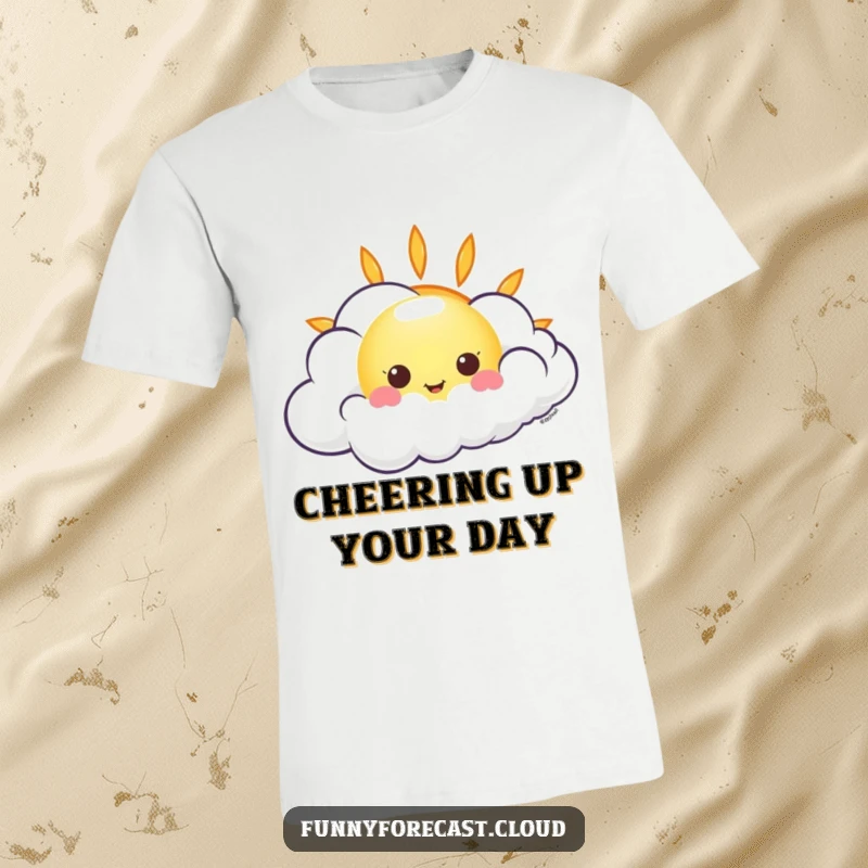 Funny kawaii sun peeking out from a swirling, giggling cloud, a humorous and cheerful t-shirt design.