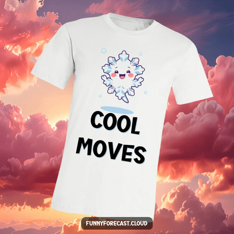 Funny kawaii snowflake character doing a happy dance, spinning in the air on a vibrant t-shirt.
