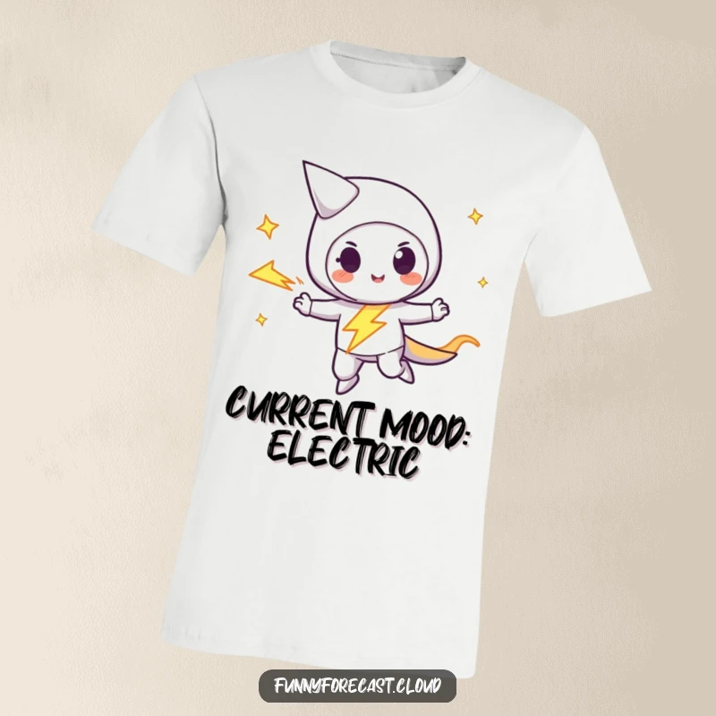 Funny lightning bolt character zipping with a mischievous streak, a dynamic and energetic design for a hilarious t-shirt.